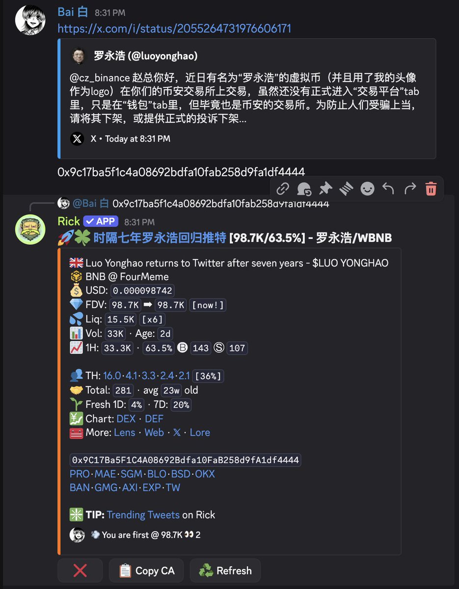 Cendolnice's tweet photo. @I_Wont_Bow   白哥神

 @Bronze__Tree 第一时间抓到了

我尽然不懂罗永浩 卖飞了

x10

0x9c17ba5f1c4a08692bdfa10fab258d9fa1df4444

想进群 问 @I_Wont_Bow https://t.co/E2pdCBD6vw