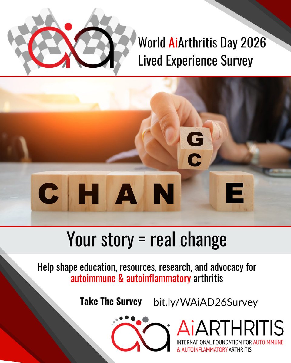 IFAiArthritis's tweet photo. Most people don’t see what it’s really like to live with AUTOimmune & AUTOinflammatory Arthritis diseases — but your lived experience can help change that.

This World AiArthritis Day, take the 2026 survey and help the world better understand the real impact of these diseases. Your voice helps shape stronger education, better advocacy, and research that reflects real patient experiences.

It only takes a few minutes, but together we can DRIVE change for patients everywhere.
Take the survey: https://t.co/jwymMW501x

#WorldAiArthritisDay #AiArthritis #AutoimmuneArthritis #ChronicIllnessAwareness #PatientVoice #InvisibleIllness
