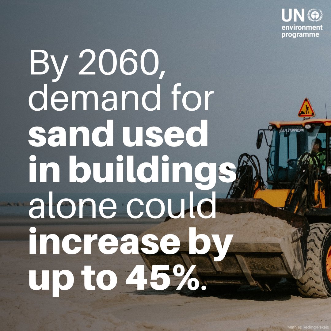 UNEP's tweet photo. 50 billion tonnes of sand are used every year, making it the world’s 2nd most used resource after water.

But we are extracting it faster than nature can replenish it.

A new UNEP report warns unsustainable sand extraction is threatening ecosystems and livelihoods: https://t.co/09aQTfWeYL