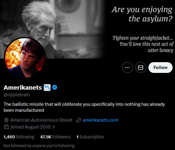 TUA_Research's tweet photo. Another RWA aligned account is @ripplebrain 'Amerikanets', a sort of knock-off Costin Alamariu from Temu, real name Eric Ettensohn. All of the neo-nazism and campness, but only a fraction of the success. https://t.co/NAGXQZFWP3