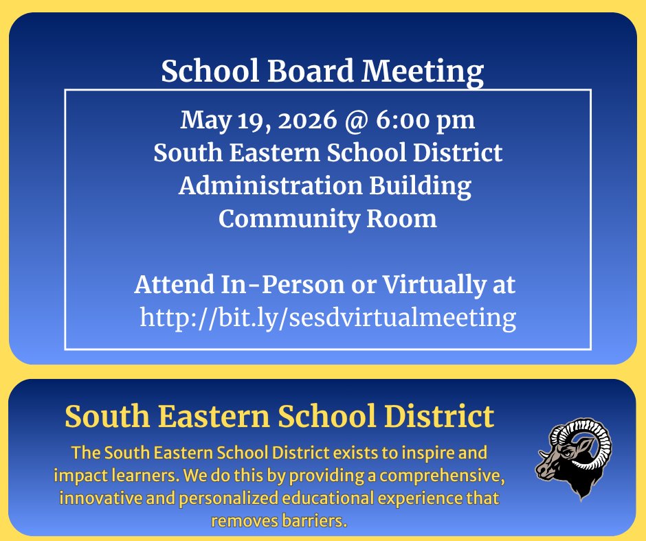 SESDRAMS's tweet photo. The SESD School Board of Directors will hold a school board meeting on Tuesday, May 19, 2026 at 6:00 pm.  

See this link for more information: 
https://t.co/8Rd8biNJT2 https://t.co/uoeaajzkAl