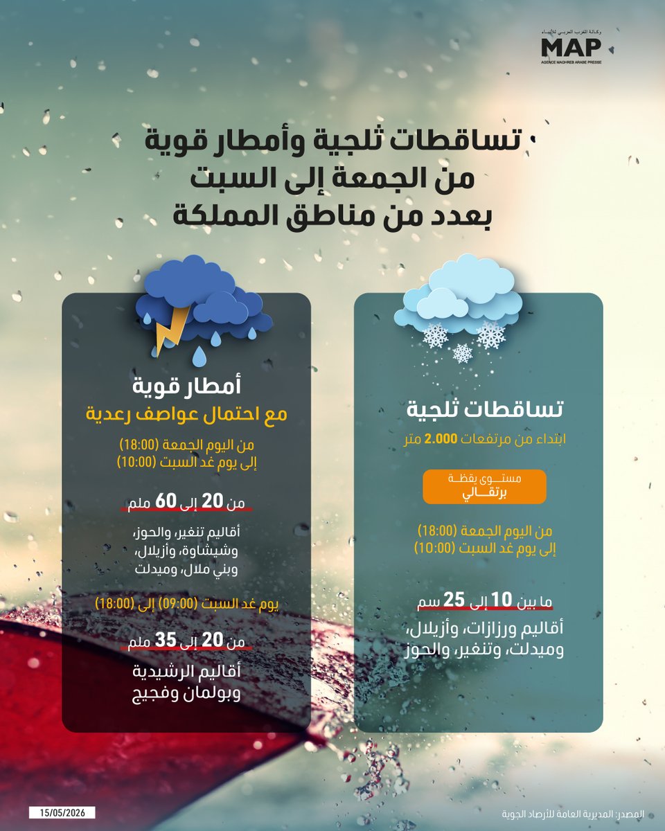 MAP_Information's tweet photo. تتوقع المديرية العامة للأرصاد الجوية تسجيل تساقطات ثلجية وأمطار قوية مع احتمال عواصف رعدية، من اليوم الجمعة إلى يوم غد السبت، بعدد من مناطق المملكة.
#MapInfographie https://t.co/pjQoqE0JgN