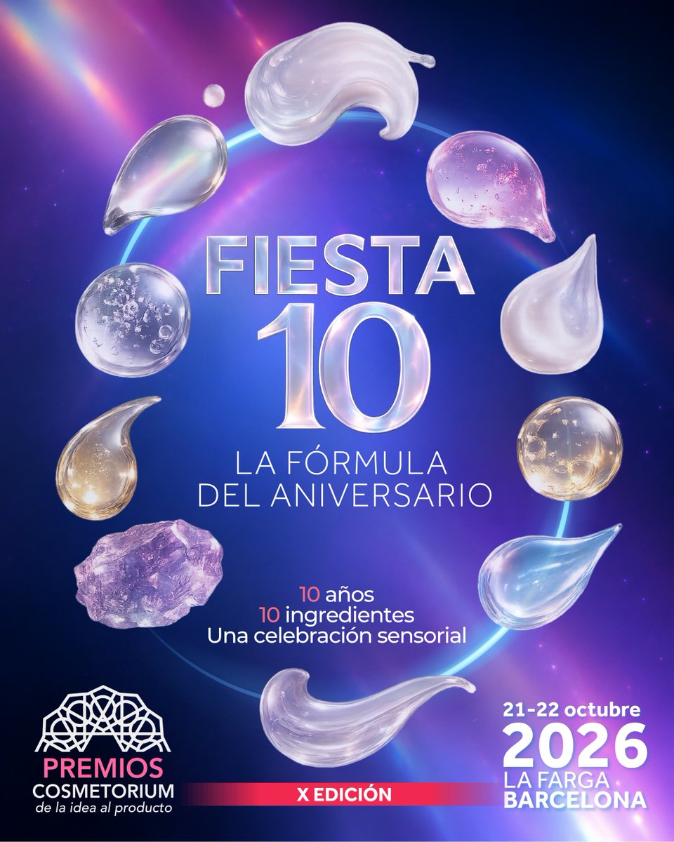 e_SEQC's tweet photo. ✨ FIESTA 10 ✨
LA FÓRMULA DEL ANIVERSARIO
La X edición de los Premios Cosmetorium propone un reto creativo muy especial:

🔬 10 años
🧪 10 ingredientes
💫 Una celebración sensorial
🚨 ¡Convocatoria abierta!

https://t.co/9WhlCHu4lj

#PremiosCosmetorium #Cosmetorium2026 https://t.co/MFdc9f8oKH