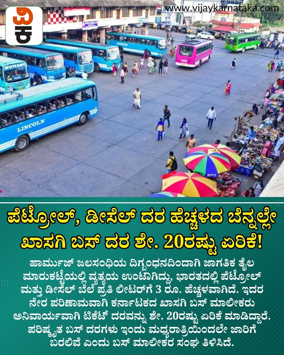Vijaykarnataka's tweet photo. ಜಾಗತಿಕ ಮಟ್ಟದಲ್ಲಿ ತೈಲ ಬೆಲೆ ಏರಿಕೆಯಾಗಿರುವ ಹಿನ್ನೆಲೆಯಲ್ಲಿ, ಕರ್ನಾಟಕದ ಖಾಸಗಿ ಬಸ್‌ ಮಾಲೀಕರು ಟಿಕೆಟ್‌ ದರವನ್ನು ಶೇ. 20ರಷ್ಟು ಹೆಚ್ಚಿಸಿದ್ದಾರೆ. ಇಂದು ಮಧ್ಯರಾತ್ರಿಯಿಂದಲೇ ಈ ಬದಲಾವಣೆ ಅನ್ವಯವಾಗಲಿದ್ದು, ದೈನಂದಿನ ಪ್ರಯಾಣಿಕರಿಗೆ ಆರ್ಥಿಕ ಹೊರೆ ಬೀಳಲಿದೆ. #FuelPriceHike #PrivateBusFare #KarnatakaNews https://t.co/LdSIAFK51l