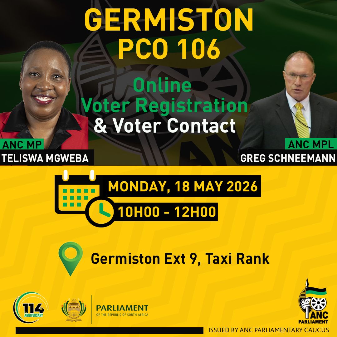 ANCParliament's tweet photo. ANC MP, Cde Teliswa Mgweba, together with ANC MPL, Cde Greg Schneemann, will lead an online voter registration and voter contact programme on Monday, 18 May 2026.

📍Germiston Ext 9, Taxi Rank 

#ANCatWork 
#ConstituencyWork 
#RegisterToVoteANC https://t.co/lT5uzO3QQw