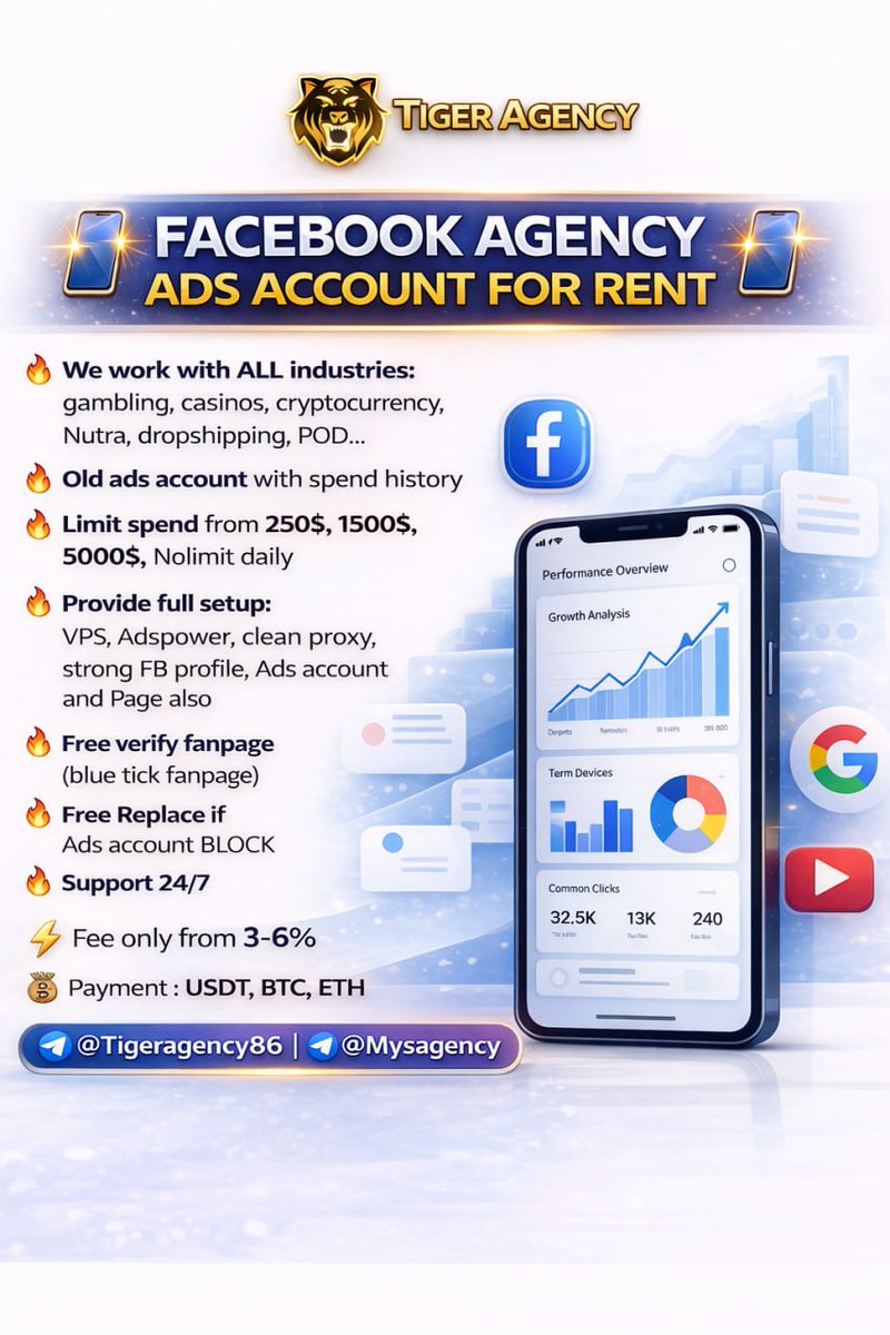 Linhme210My's tweet photo. [FACEBOOK ADVERTISING ACCOUNT RENTAL]
Accepts all: Betting 🎰 / Cryptocurrency 💵 / Nutritional Supplements 💊 / Dropshipping 📦 / ...
✅ Unlimited spending accounts
✅ AdsPower,Gologin Free profile, No tax,... 
✅ ACCOUNTS PROVIDED IN ALL COUNTRIES - ALL TIME ZONES +2, +3, -7...
✅ Fees 3-6%
✅ 24/7 Support
✅ 100% money-back guarantee if the customer encounters problems and wishes to discontinue the service
𝐂𝐨𝐧𝐭𝐚𝐜𝐭 Telegram:@Tigerfacebook|@Mysagency
Channel Telegram: https://t.co/aFy67PpB6D