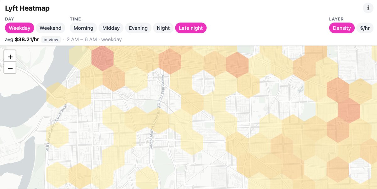 MystroDriver's tweet photo. Stop guessing where to drive for Lyft. Mystro just released a free Lyft Heatmap that shows you exactly where the offers are and which areas  actually pay the most per hour. Flip between weekday and weekend, pick a  time of day, and see real data from across the US. https://t.co/fmK64hHEEA