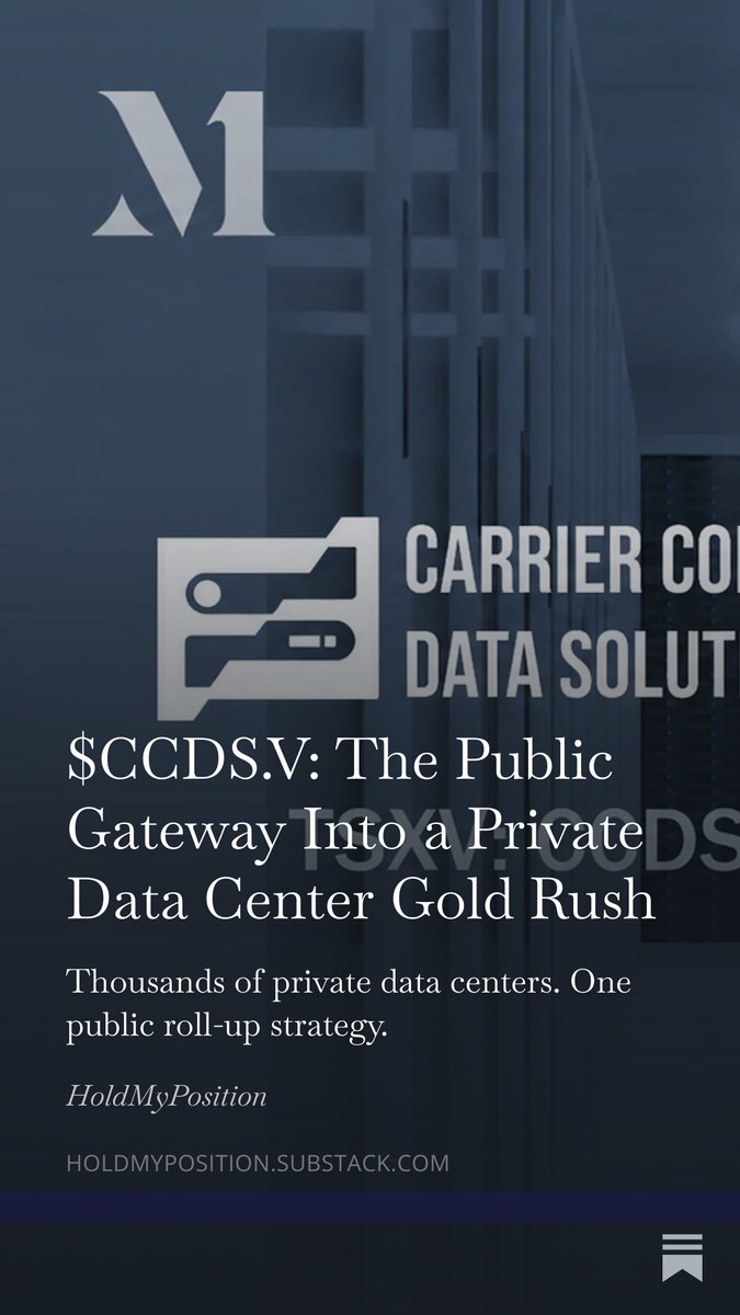 HoldMyPosition's tweet photo. There are 300 data centers in Canada. Over 5,000 in the US. Almost all of them privately owned with no exit. @CarrierCDS $CCDS.V is buying them. 5 data centers closed in 5 months. $10.5M raised through Canaccord and Beacon. 4 to 6 more acquisitions planned this year.
Analyst target $3. Trades at $1.18. Full thesis below.
https://t.co/KwCZuzCVvZ
#DataCenters #DataInfrastructure #CloudInfrastructure #AIInfrastructure #DigitalInfrastructure #Connectivity