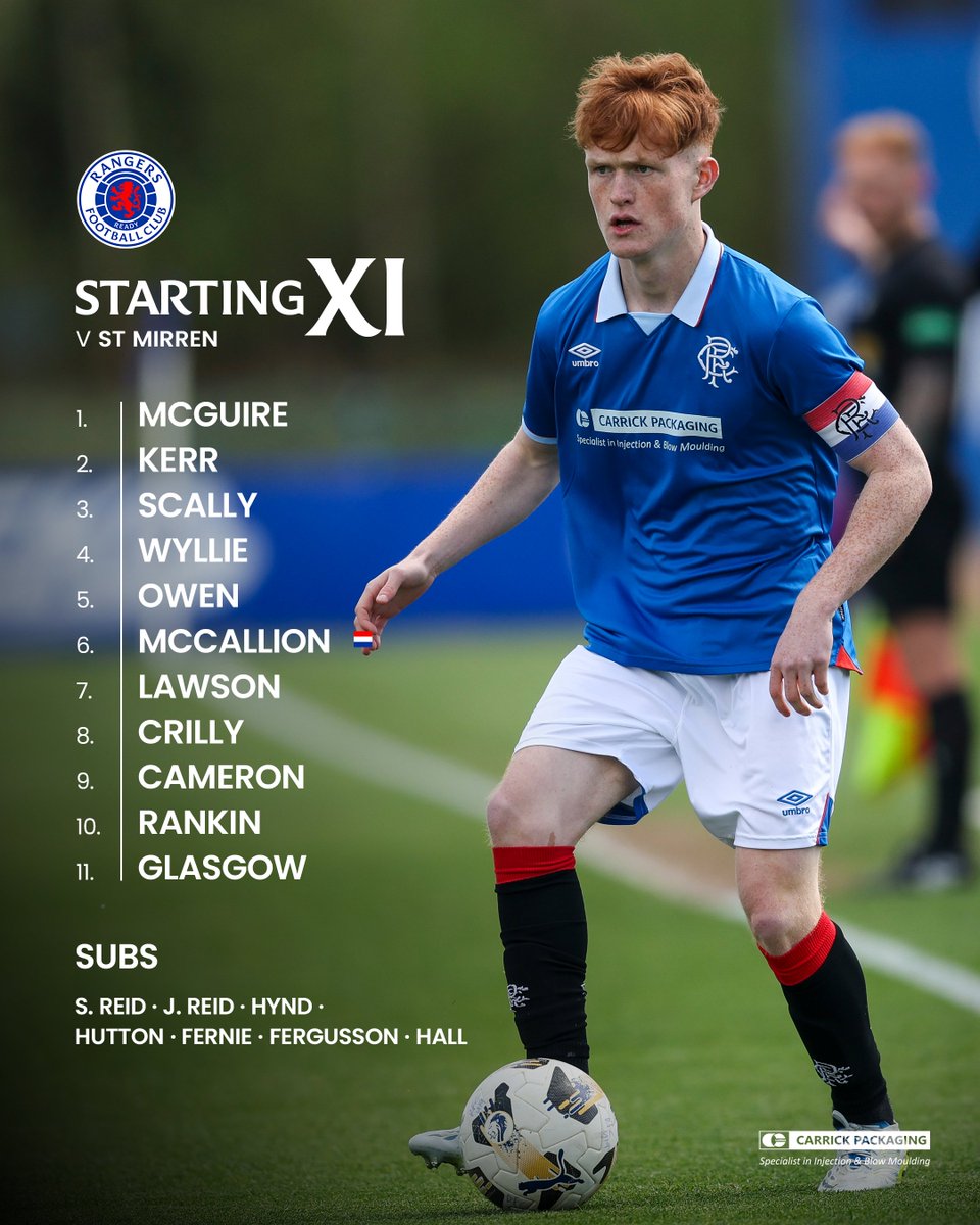 RFC_Youth's tweet photo. 🆕 This afternoon’s U19 side for our final CAS Elite League outing of the campaign against St Mirren. 

📲 Team News | https://t.co/Nk6Tt75TA0
🕒 Kick-off: 15:00 and HT/FT updates to follow. https://t.co/nmm3Rj4WYv