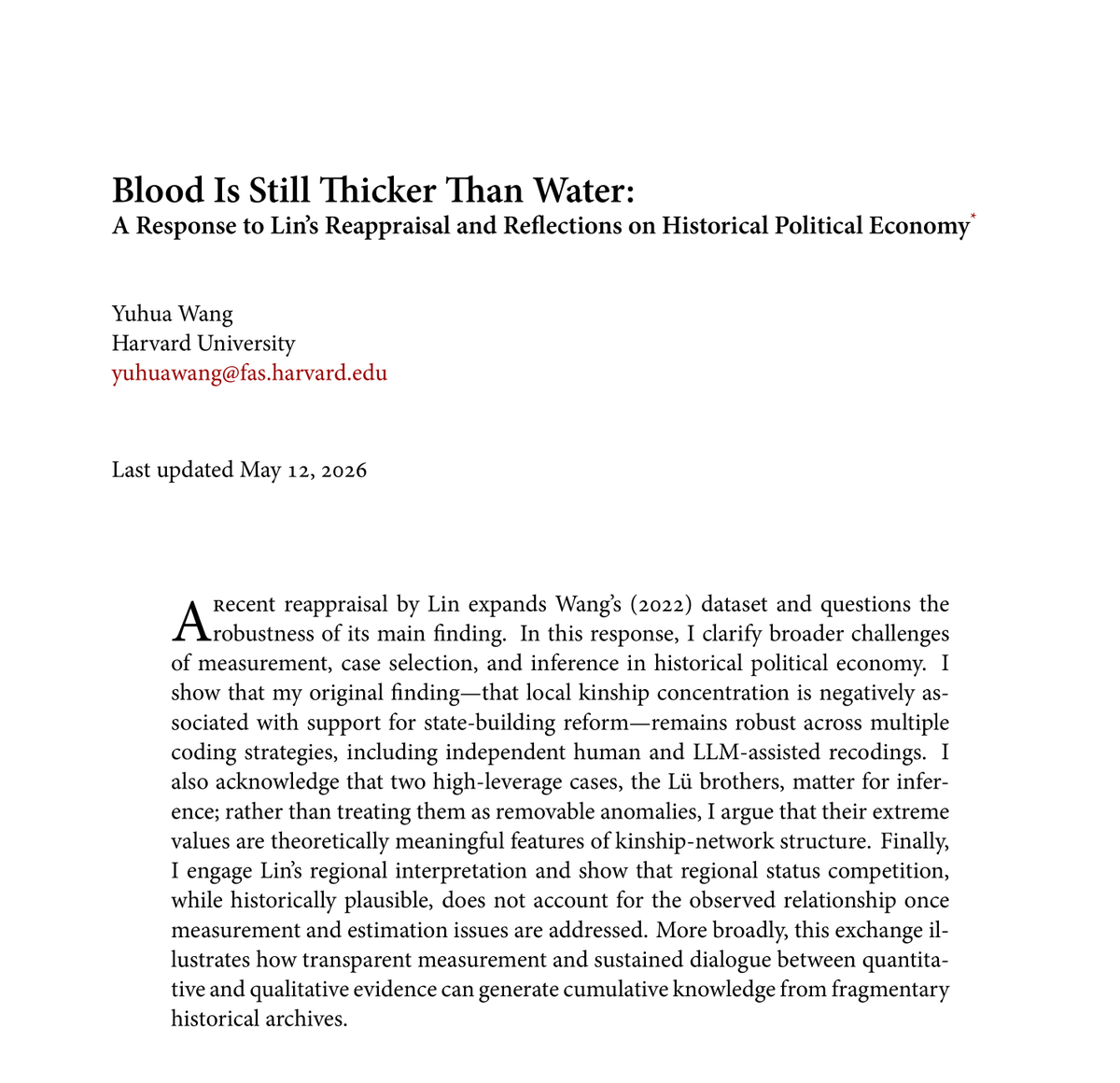 YuhuaWang5's tweet photo. Thanks to Yao Lin's reappraisal of my 2022 article "Blood Is Thicker Than Water," I have written a response "Blood Is Still Thicker Than Water." I am grateful to Lin and find this exchange productive. Available at SSRN: https://t.co/I9rG2VVyX6 https://t.co/AvztHV0YFE