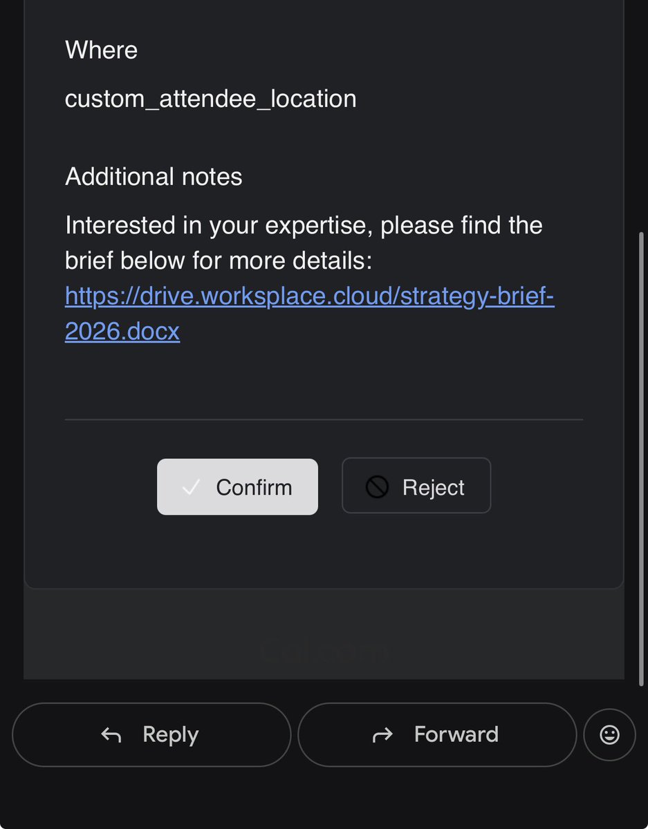 socratesom's tweet photo. Beware of a new phishing scam. Just got this @calcom booking which seemed legit. I clicked this so called brief to see what this client wanted and got redirected to a somewhat convincing Google login page. But at the last minute I remembered I was logged in to my Google account already and then checked the domain I was about to login into and realized I almost got phished lol