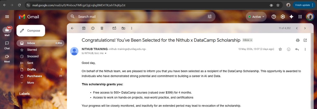 Big_Shakes10's tweet photo. I'm excited to share that I’ve been awarded a @DataCamp scholarship in collaboration with @Nithub 🎉

I am grateful for this opportunity to grow in data science 🚀

#DataCamp #NITHub #DataScience https://t.co/4OUf1OluRj