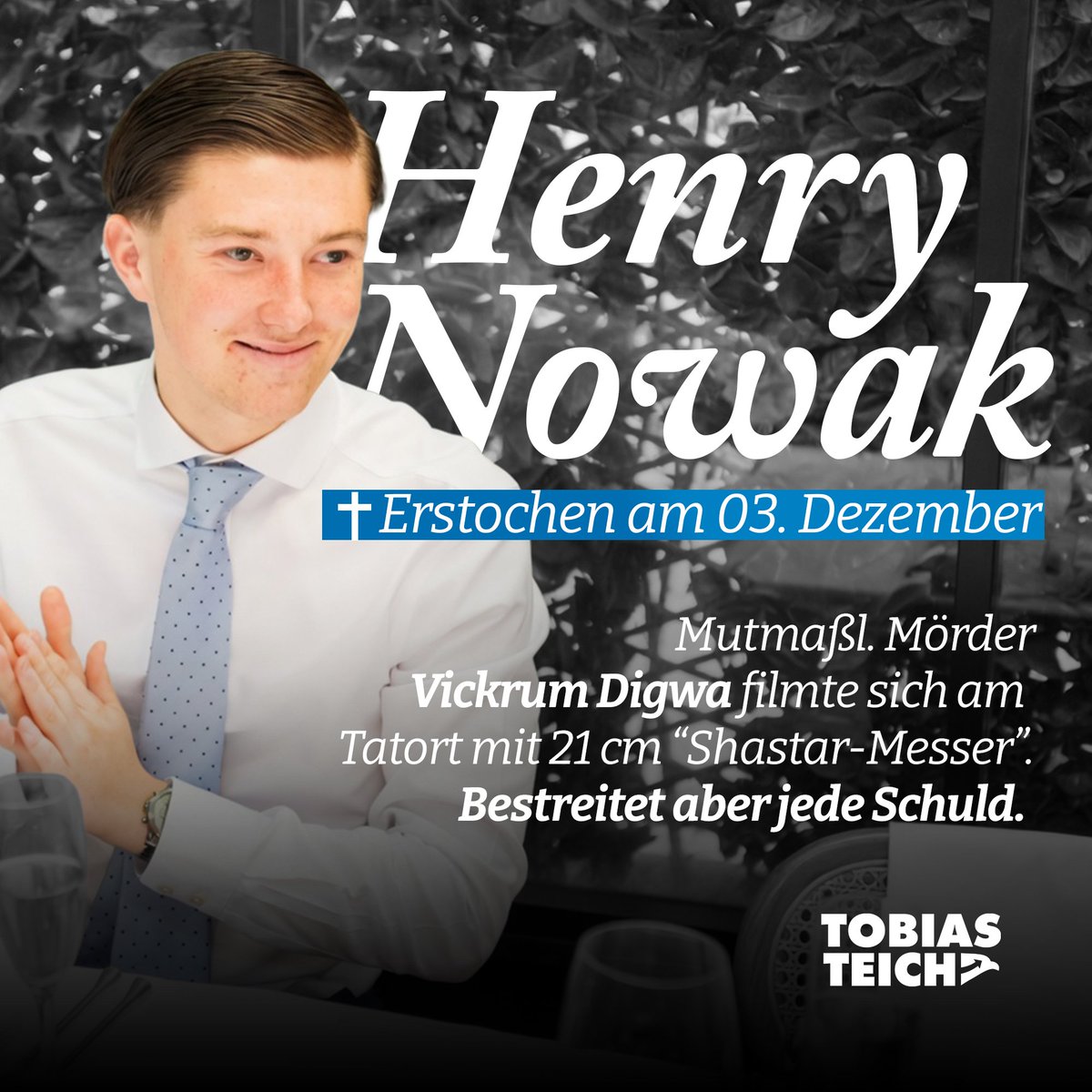 tobiasteich_by's tweet photo. Gerechtigkeit für Henry Nowak!

Henry wurde am 3. Dezember brutal ermordet. In Southampton war er nach einem Fußballspiel auf dem Heimweg. Dort begegnete er dem mutmaßlichen Mörder Vikrum Sigwa, der mehrmals mit einem indischen Zeremonienmesser auf den Jungen einstach.

Die Polizei legte erst Henry Handschellen an, obwohl er schwer verletzt war, weil Sigwa behauptete, er wäre rassistisch beleidigt worden. Henry starb noch in derselben Nacht.

Jetzt steht Sigwa vor Gericht und bestreitet die Tat, obwohl Henrys Handy bei ihm gefunden wurde, mitsamt einem Video, das Sigwa zur Tatzeit zeigt.

Für Henrys Familie und jedes Opfer der Masseneinwanderung fordern wir Gerechtigkeit!