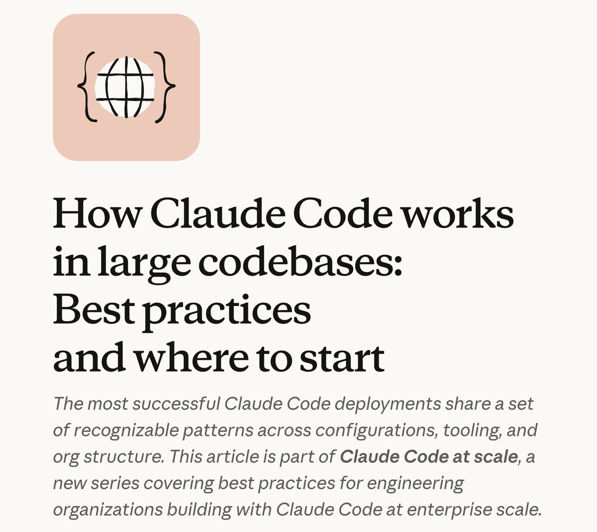 Anthropic 发了一篇 Claude Code 在大型代码库里怎么用的指南，核心观点是： 稳定产出靠的是工具套件，不是模型本身 ...