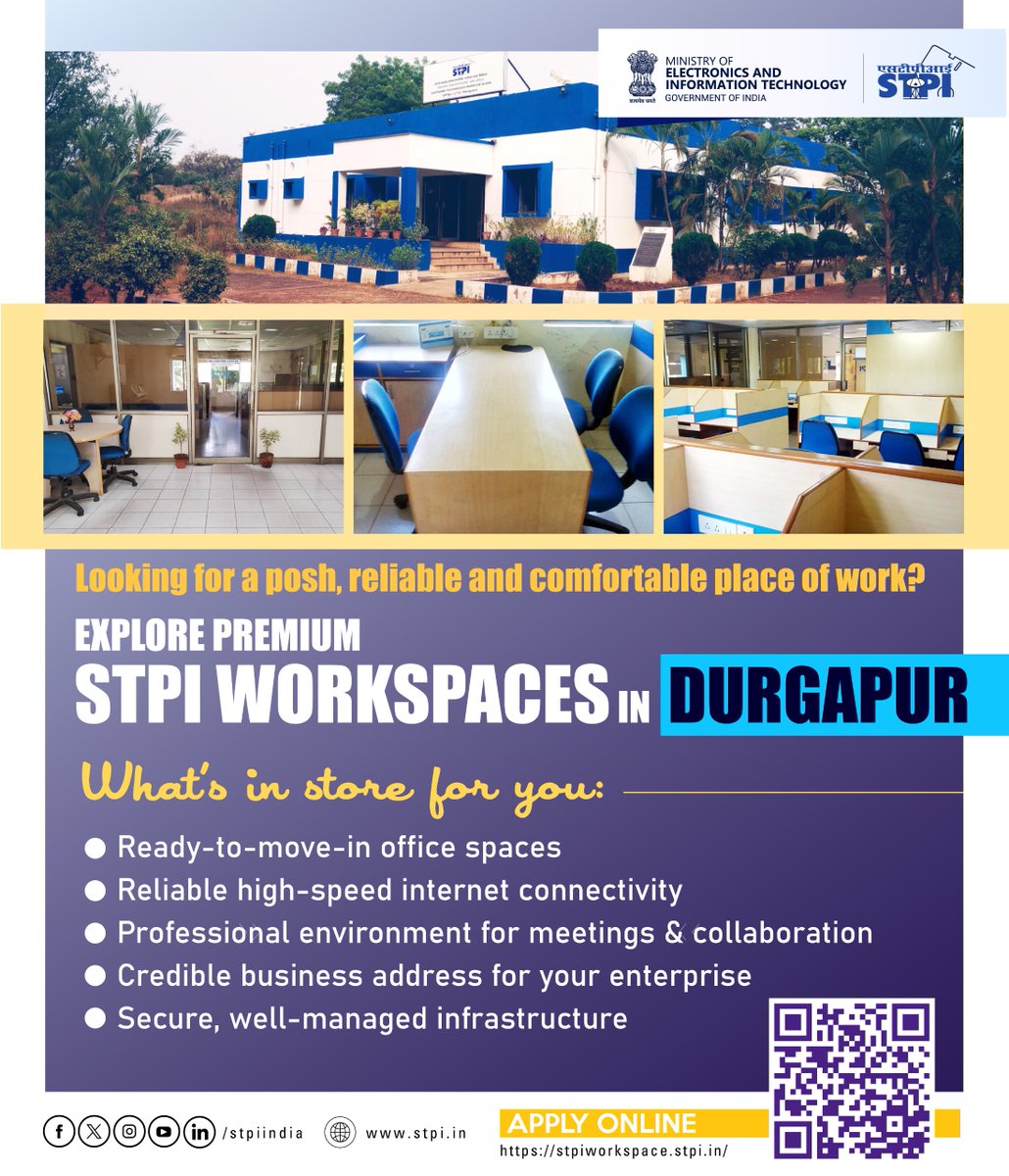 stpiindia's tweet photo. ���� Startups, IT/ITeS companies, entrepreneurs and established businesses,
Searching for a modern, reliable and inspiring workplace?

Step into a premium STPI Workspace in Durgapur, the Steel City of West Bengal 🏢✨

Here’s what awaits you:  
✔️ Ready-to-move-in office spaces designed for productivity
✔️ High-speed internet to keep your business connected
✔️ Professional environment for meetings, networking & collaboration
✔️ Prestigious business address to strengthen your brand presence
✔️ Secure, well-managed infrastructure for peace of mind

🚨 Limited premium workspaces available in Durgapur.
👉 Learn more: https://t.co/Ov53wva4DQ

#DurgapurInnovation #SteelCity #STPIWorkspace #BusinessGrowth #TechHub #StartupsIndia #Workspace #Tech #Entrepreneurs #STPIINDIA 

@GoI_MeitY @AshwiniVaishnaw @JitinPrasada @SecretaryMEITY @arvindtw @_DigitalIndia @NeGD_GoI @startupindia @myHQSpace @coworkerglobal @WeWorkIndia @guptaa_sanjay @manjit_nayak @STPI_Durgapur @stpi_kolkata