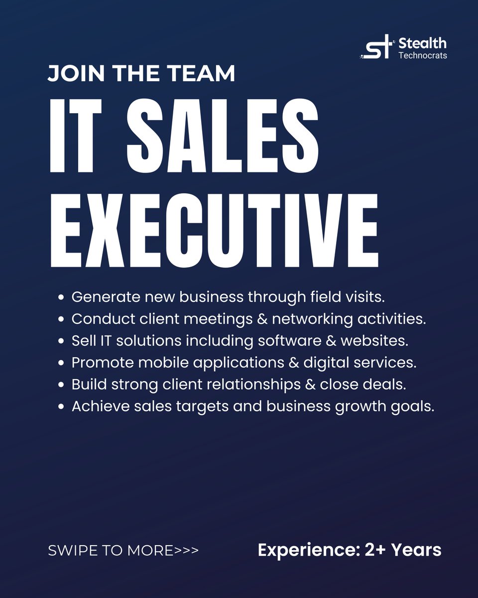 StealthtechST's tweet photo. We’re hiring at Stealth Technocrats 🚀

Looking for passionate professionals in SEO/Digital Marketing &amp; IT Sales to grow with us and make real impact.

📍 Noida / Mohali
📩 hr_recruiter@stealthtechnocrats.com
📞 9056666655

#WeAreHiring #SalesJobs https://t.co/X5RZkPzCM9
