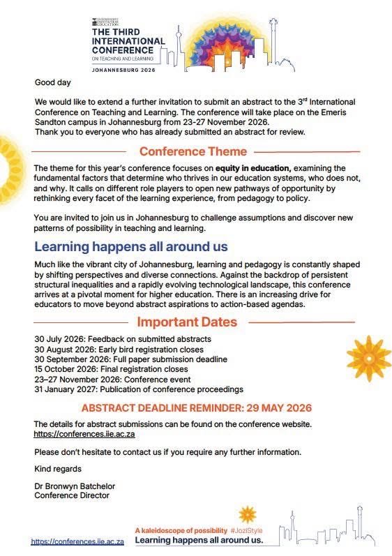 The_IIE's tweet photo. We have started the two week count down to the abstract submission deadline for the 3rd International Conference on Teaching and Learning. Don’t miss out on the opportunity to be a part of pivotal conversations. https://t.co/myrtjedQ3b
