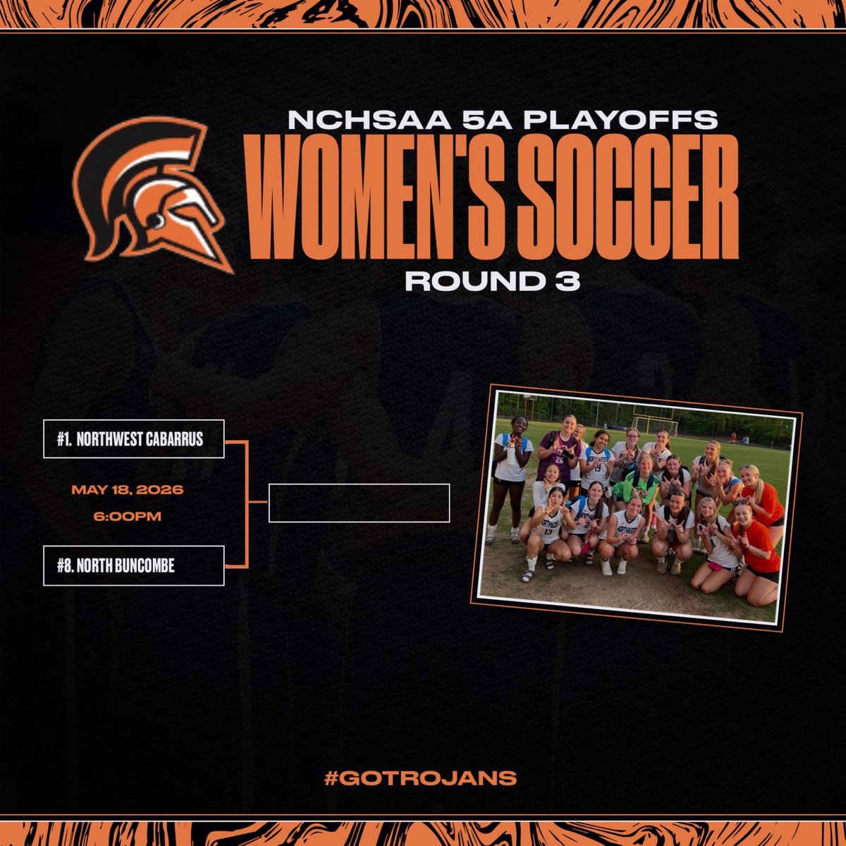 NCHSTROJANS's tweet photo. 🚨WOMEN’S SOCCER UPDATE🚨

The Lady Trojans will host North Buncombe in the third-round of the NCHSAA 5A State Playoffs on Monday.

Gates open at 5:15pm.
Game time is 6:00pm. https://t.co/m5yKmVjQOf