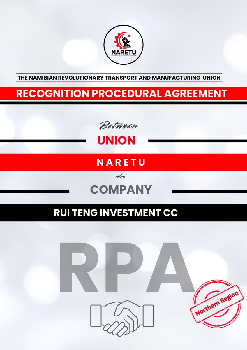 naretu_union21's tweet photo. NARETU 🤝🏾 Rui Teng Investment CC

This RPA is a milestone in advancing workers’ representation, cooperation, and accountable workplace relations through the Recognition Procedural Agreement.

#NARETU
 #RPA
#WorkersFirst 
#NorthernRegionRepresentation https://t.co/NKzRQop5hd