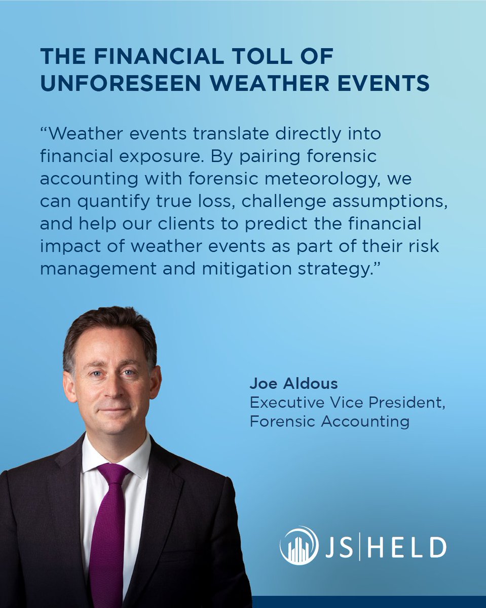 JS_Held's tweet photo. Around the world, large losses are increasingly caused by weather events such as hurricanes, floods, lightning strikes, high winds, large hail, and wildfires. These events are also making the repair process longer and more expensive by hampering supply chains and prolonging the time for repair contractors to access loss locations.

In this article, Daniel Schreiber and Joe Aldous examine the growing impacts of severe weather and the damage it causes. They also highlight how meteorology consultants help evaluate the risk of future weather events and collaborate with forensic accountants to ensure related losses are accurately represented in insurance claims.

To learn more, visit: https://t.co/Vx1LiB1rH5

#FindYourExpert #ForensicMeteorology #ExtremeWeather #PropertyDamage #ForensicAccounting