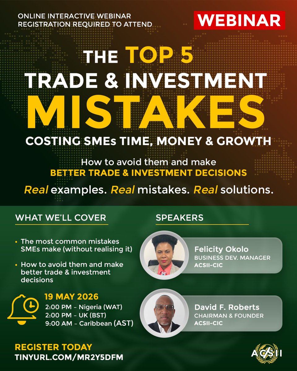 caribvision's tweet photo. 🔹Register HERE https://t.co/H1gKkcVyaF
for this webinar. Learn about the TOP 5️⃣ TRADE &amp; INVESTMENT MISTAKES COSTING SMEs TIME, MONEY &amp; GROWTH. This is not a theory session.

✅Register today! The event takes place:
📅 Tuesday 19th May 2026
🕑 2:00 PM (UK Time)
📍 Online (Zoom) https://t.co/02CAYlhYRz