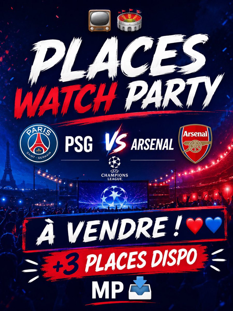 teeckets's tweet photo. 📺🏟️PLACES WATCH PARTY PSG ARSENAL LDC A VENDRE ! ❤️💙 

+3 PLACES DISPO

MP📥 https://t.co/3boI0FjdRR