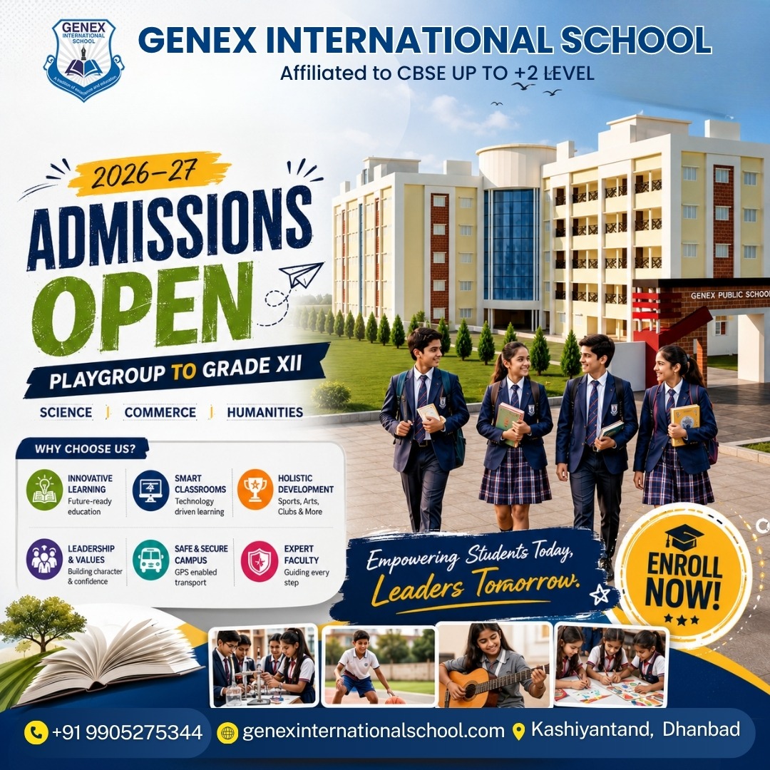 GenexSchool's tweet photo. 🏫 Admission OPEN for 2026–27! 🎓 From Nursery to Grade XI, we offer smart learning in a safe and nurturing environment.

🌟 Shape your child’s bright future with Genex International School! 🚀

📞 Call: +91 9905275344

#AdmissionOpen #DhanbadSchools #SmartLearning  #FutureReady https://t.co/39gjJd44Nr