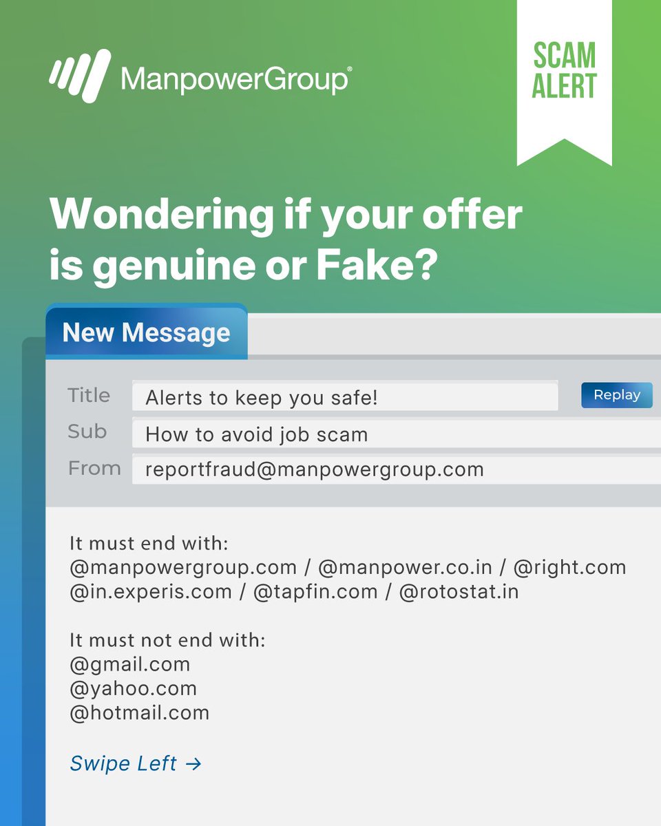 ManpowerGroupIn's tweet photo. 🕵️‍♀️ Wondering if your offer is genuine? Here’s how to check: 

🟢 Verify the recruiter’s email, it must end with: @manpowergroup.com / @in.experis.com / @right.com / @manpower.co.in/ @rotostat.in
🟢 Cross-check the job listing on our official website. 
🟢 We never use WhatsApp for official communications. ❌
🟢 When in doubt, email us directly at reportfraud@manpowergroup.com 

ManpowerGroup and its brands never charge candidates. 
Because opportunity should never come with a price tag. 💼 

#JobSafety #StaySmartStaySafe #WeNeverCharge #ManpowerGroupIndia
