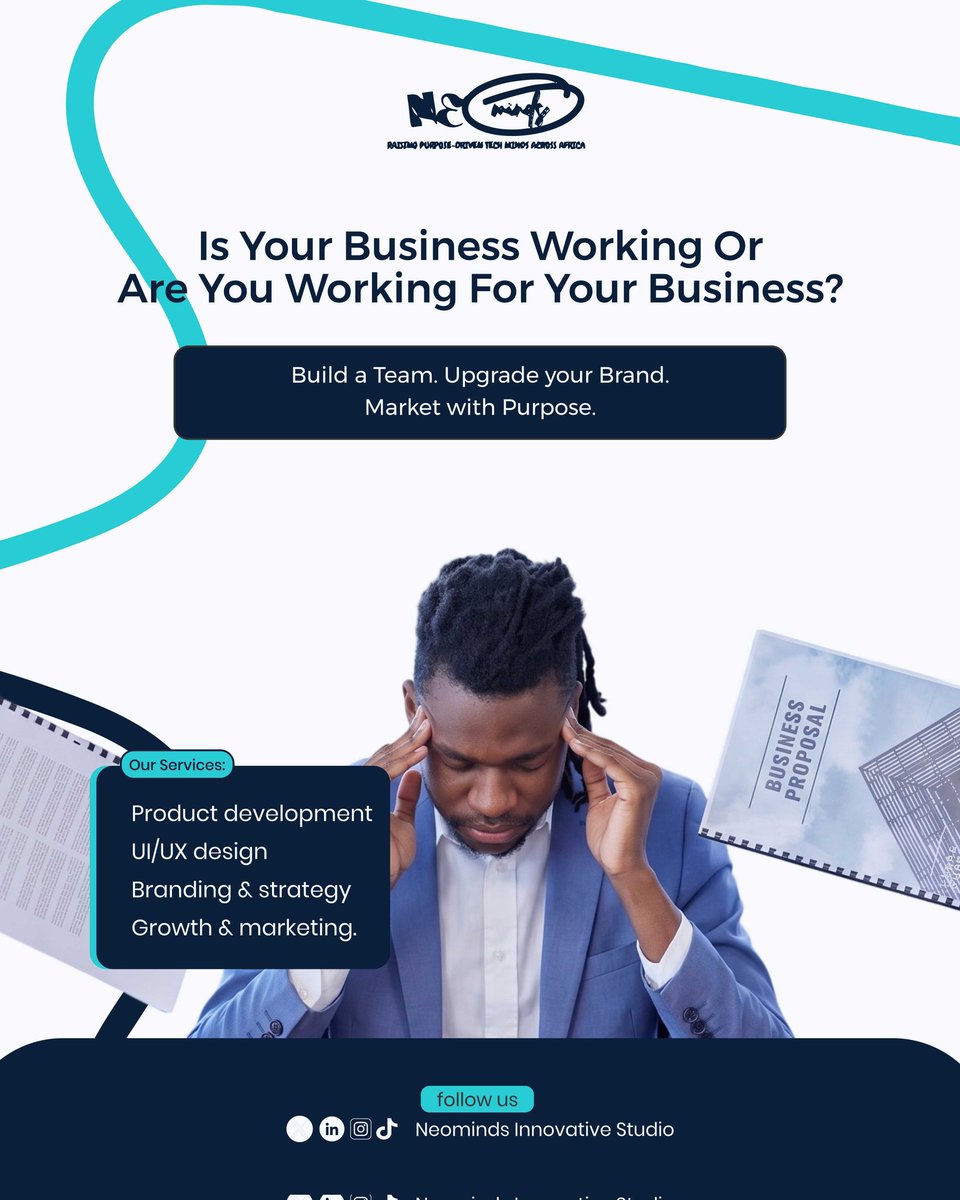 Neomindsstudio's tweet photo. Still doing everything yourself? 😤 Your business should work FOR you — not the other way around. Let's build, brand &amp; grow together. 🚀#Neominds #BusinessGrowth #AfricanTech https://t.co/0odI3KvUqa