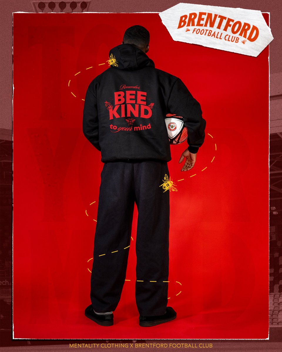 BrentfordFC's tweet photo. Bee kind to your mind 🐝

We’re proud to unveil our drop with @MentalityClo, created to open up the conversation around mental health

Launching at the Hive Superstore before Sunday's Palace game, 10% of every sale will be donated to @BrentfordFCCST mental health initiatives 🫶