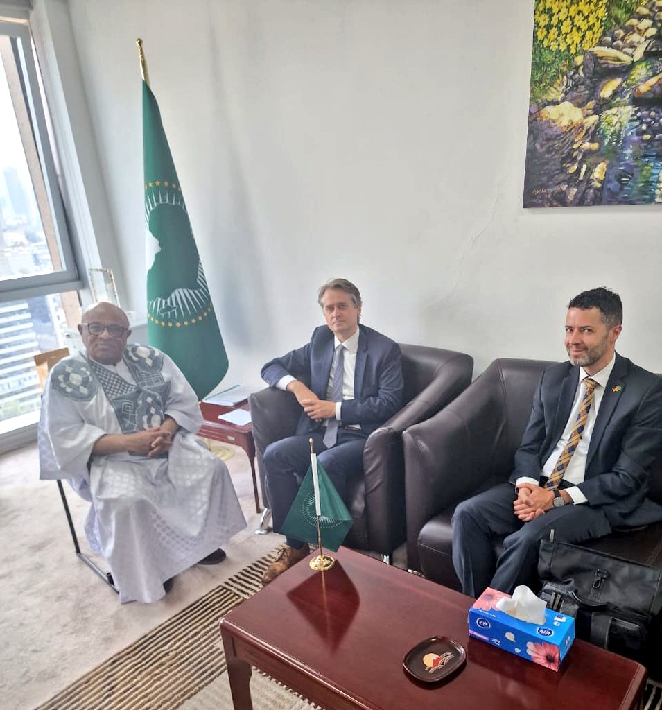 souefmo_elamine's tweet photo. Today at AU Headquarters in Addis Ababa, I met with Mr. Heiko Nitzschke, Special Envoy of Germany for the Horn of Africa @Germany_AU, for discussions on developments in the Horn of Africa and wider regional peace and security dynamics. The exchanges underscored the importance of dialogue, de-escalation, and continued engagement in support of peace, stability, and regional cooperation. @GerEmbAddis