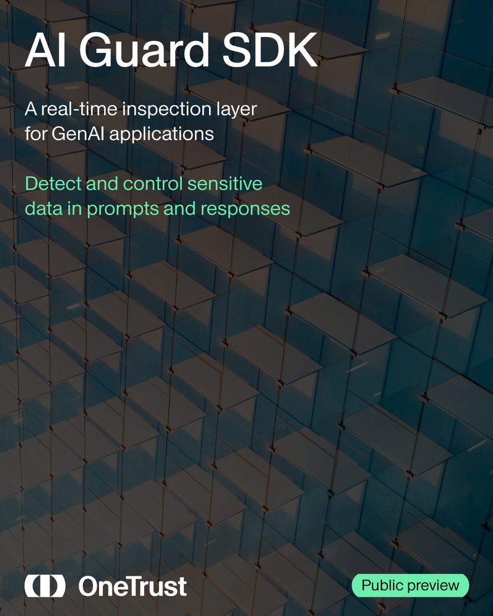 OneTrust's tweet photo. Working with GenAI means thinking carefully about what data flows in and out of your apps.

The AI Guard SDK, now in public preview, gives developers a way to inspect prompts and responses in real time and take action (redact/block) on sensitive data. 

https://t.co/5WtxDA1SX1 https://t.co/4V6RKsalpu