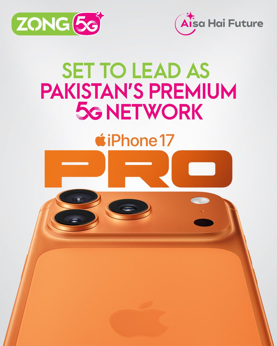 Zongers's tweet photo. Pakistan’s next-gen network experience is now on iPhone. ⚡
Available on iPhone 12 & above with iOS 26.5 support. 📱
📍 Visit your nearest Zong Sales & Service Centre to learn more.
#Zong5G #AisaHaiFuture #iPhone5G https://t.co/cRHZ0pChxr