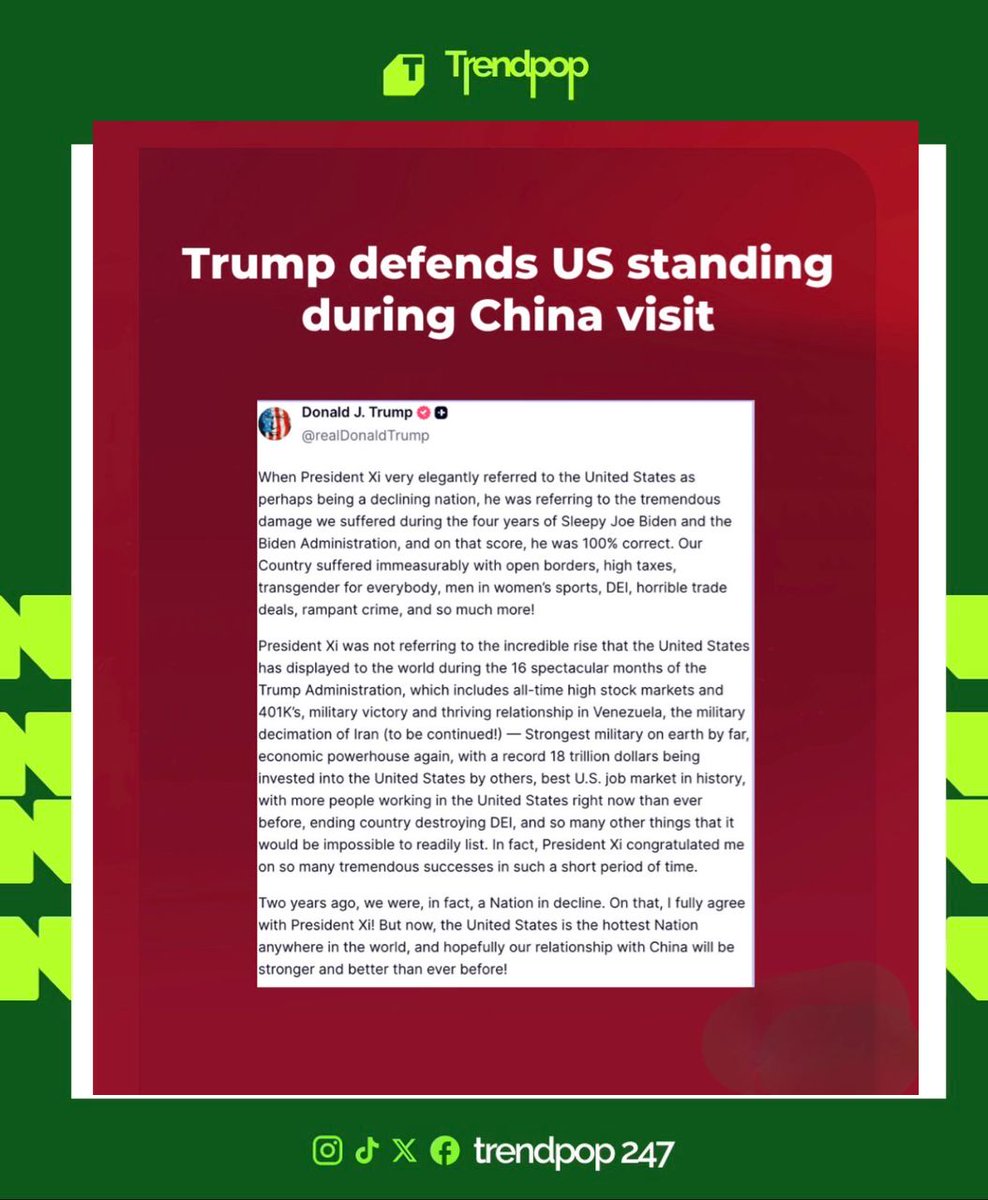 trendpop247's tweet photo. BREAKINGNEWS Trump Addresses Xi Jinping’s "Declining Nation" Remarks " in investment to the "military decimation of Iran," this statement is already sending shockwaves through the political landscape.
#Trump #PresidentXi #BreakingNews #Politics #USA #China #Trump2026 https://t.co/GSU4mzi14Q