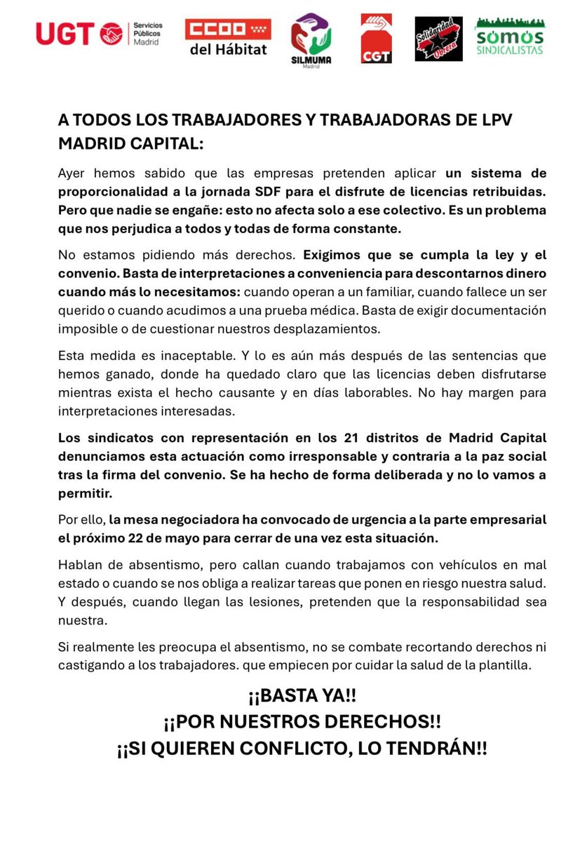 silmuma's tweet photo. 15/05/2026 - Comunicado LPV - Convenio Hemos sabido que ayer las empresas pretenden aplicar un sistema de proporcionalidad a la Jornada SDF para el disfrute de licencias retribuidas. Pero que nadie se engañe: esto no afecta sólo a este colectivo... https://t.co/yIRmG1wD1n https://t.co/V5gpBGRZGP