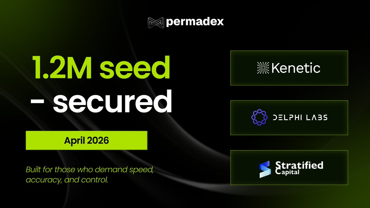 Perma_Dex's tweet photo. We’re excited to announce that PermaDEX has completed a $1.2M seed funding round.

Backed by:
@keneticcapital
@delphi_labs
@StratifiedCap

This round will support our mission to build a multi-chain trading execution layer for fragmented on-chain markets. https://t.co/IxDFWCCyZF