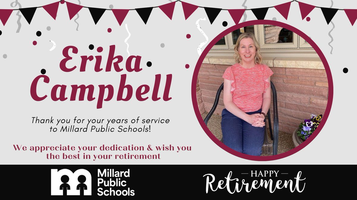 MPSHR's tweet photo. Happy upcoming retirement, Erika! Thank you for everything you’ve done for Millard Public Schools over the years! Your dedication is appreciated! Enjoy your well-deserved retirement and best wishes in your next endeavors! #SHINEwithMPS @MPSHR https://t.co/Ezq8NbH48u