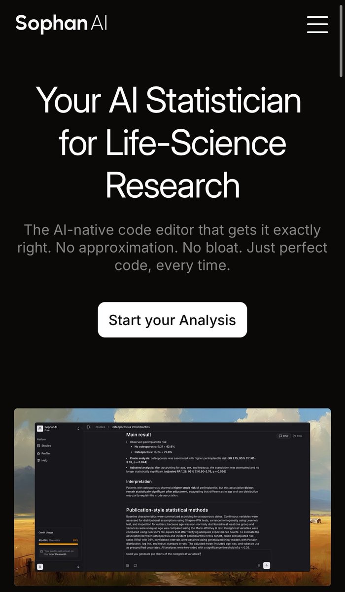 Sophan_AI's tweet photo. https://t.co/0kZTYUEbJ5:  Your AI Statistician for Life-Science Research.
Upload your data, ask questions in natural language, and get publication-ready tables and figures in minutes.
🔗Try https://t.co/vEnmWHX9vM today.

#Biostatistics #PhDLife #AIforScience https://t.co/v5qyEKFdwd