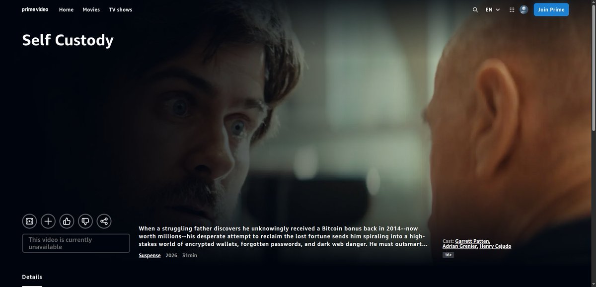 bitcoinfilmfest's tweet photo. Bitcoin thriller “Self Custody” is now streaming on Amazon Prime, bringing lost wallets, forgotten PINs, and self-custody fears to the mainstream. 🎬

https://t.co/2opM6dtVBN

Let's watch the movie. 👇

https://t.co/rtAfcbc11P

#BitcoinThriller https://t.co/9C6CbqoVVU