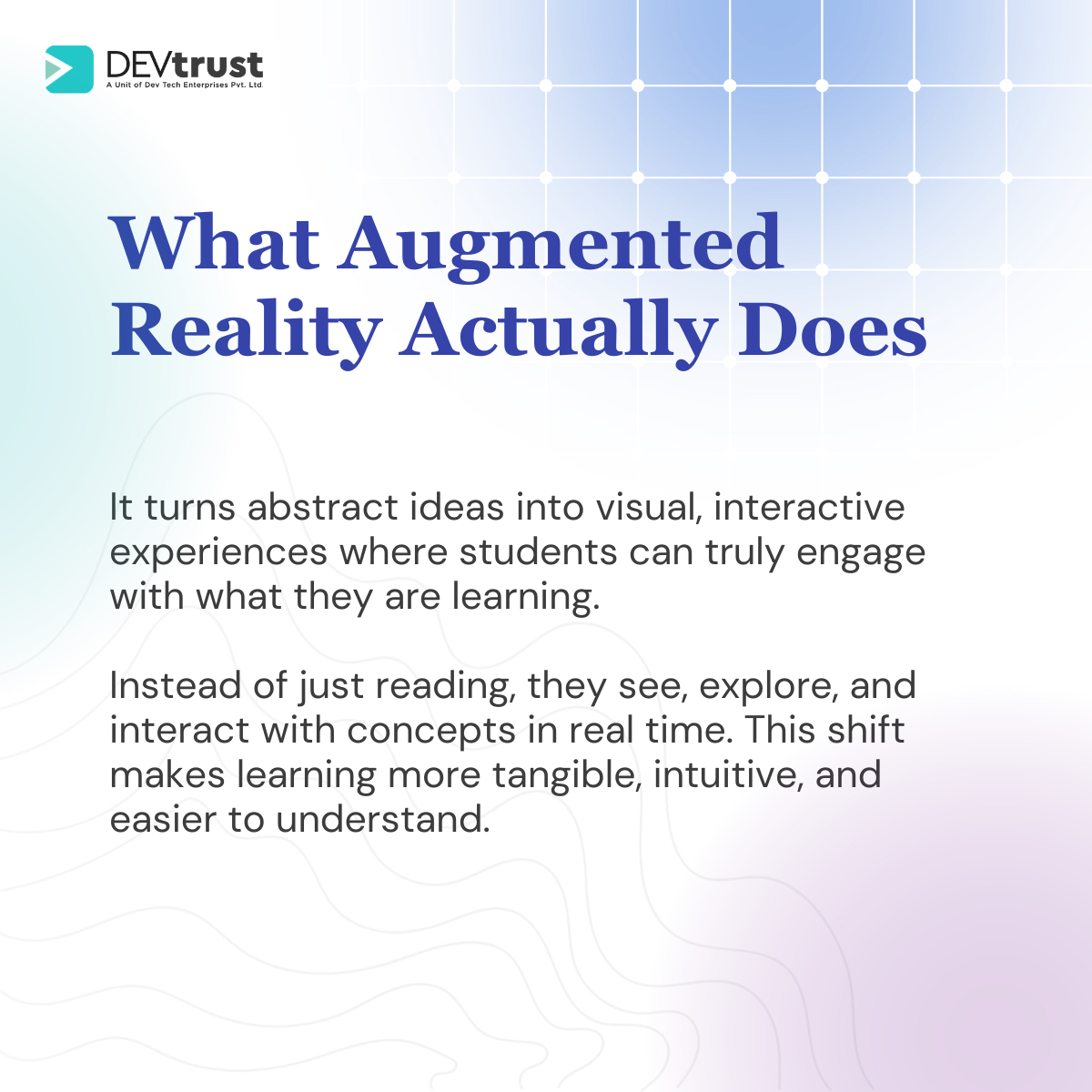 DEVtrustInc's tweet photo. Learning is evolving beyond screens and static content.

DEVtrust builds AR-ready EdTech platforms for the future of education. 
Visit our website 👉 https://t.co/AmG7xZyLJX

#EdTech #AR #AIinEducation #DigitalLearning https://t.co/FUfC1x5k3l