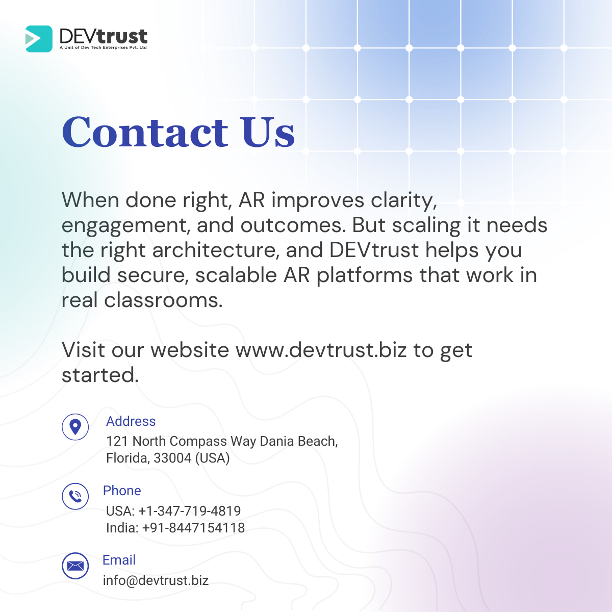 DEVtrustInc's tweet photo. Learning is evolving beyond screens and static content.

DEVtrust builds AR-ready EdTech platforms for the future of education. 
Visit our website 👉 https://t.co/AmG7xZyLJX

#EdTech #AR #AIinEducation #DigitalLearning https://t.co/FUfC1x5k3l