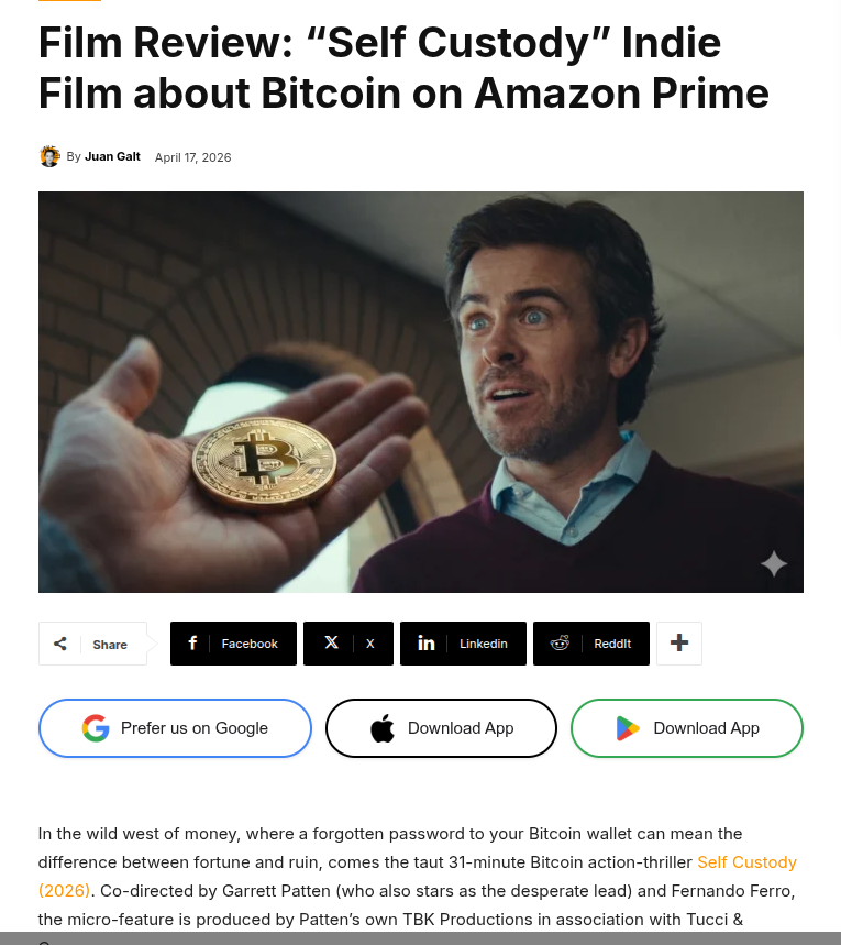 bitcoinfilmfest's tweet photo. Bitcoin thriller “Self Custody” is now streaming on Amazon Prime, bringing lost wallets, forgotten PINs, and self-custody fears to the mainstream. 🎬

https://t.co/2opM6dtVBN

Let's watch the movie. 👇

https://t.co/rtAfcbc11P

#BitcoinThriller https://t.co/9C6CbqoVVU