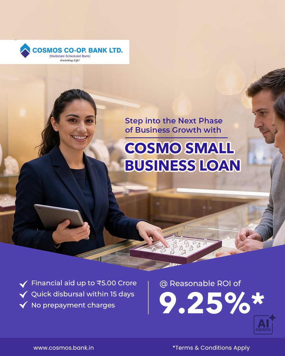 Cosmospune's tweet photo. Growth is a continuous journey that requires the right backing at every stage. Move ahead with Cosmo Small Business Loan at a reasonable ROI of 9.25%*.

For more details, visit https://t.co/sek6ZM8dEG or your nearest branch.

#SmartFinance #SmallBusinessLoan #businessgoals https://t.co/uev9ZzUlh6