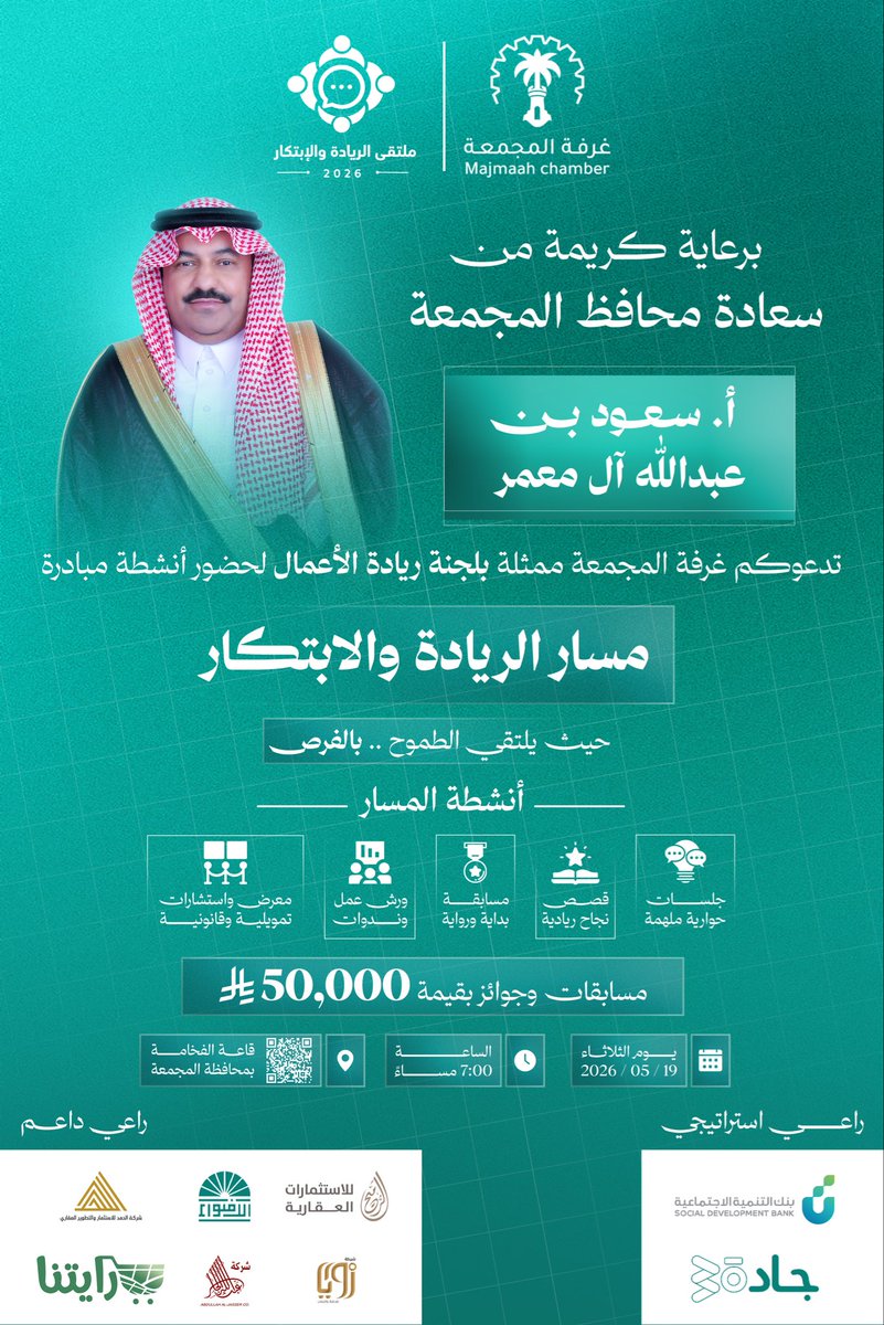 MajmahChamber's tweet photo. برعاية كريمة من سعادة محافظ #المجمعة أ. سعود بن عبدالله آل معمر..

تدعوكم #غرفة_المجمعة ممثلة بلجنة ريادة الأعمال لحضور أنشطة:
مسار الريادة والابتكار

🌟 حيث يلتقي الطموح بالفرص..
💰 مسابقات وجوائز بقيمة 50,000 ريال

🗓️ الثلاثاء 2026/05/19م
🕖 الساعة 07:00 مساءً
📍 قاعة الفخامة بمحافظة المجمعة
🔗 الموقع https://t.co/t0g2tYR6H9

#ريادة_الأعمال #المجمعة #الابتكار