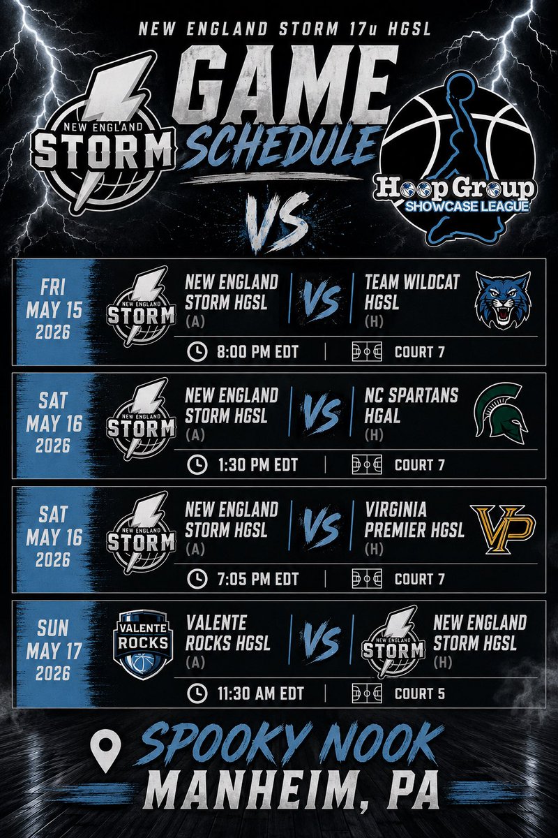 NEStormBball's tweet photo. NE Storm 11th Grade Showcase Schedules at the Hoop Group Live Spring Jamfest 🔥 
#NEStorm https://t.co/H4YYRVtaFq