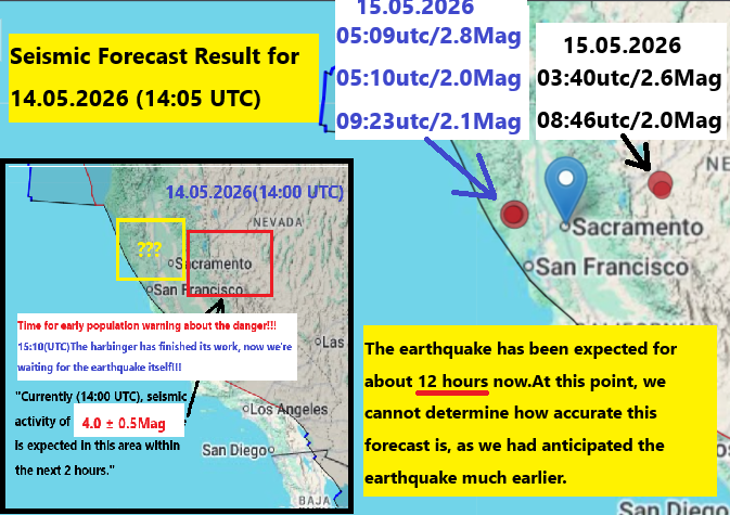AleksandrK86657's tweet photo. California. Seismic forecast result for 14.05.2026 (14:05 UTC)

#EarthquakeForecast #CaliforniaEarthquake #EarthquakeAlert #SeismicActivity #EQForecast #California #Earthquakes #ShakeAlert #Seismology #ExperimentalForecast https://t.co/rN5KA1Y8GS