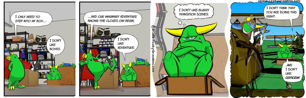 PeskyGremlins's tweet photo. Pesky Gremlins Comic 1000
"Disagreeable"
https://t.co/5AuyyNVhaV 
#comic #comics #webcomic #webcomics #cartoon #cartoons #cartoonart #gremlin #gremlins #cartoonstrip #WWI #biplane https://t.co/v09kPqRffJ