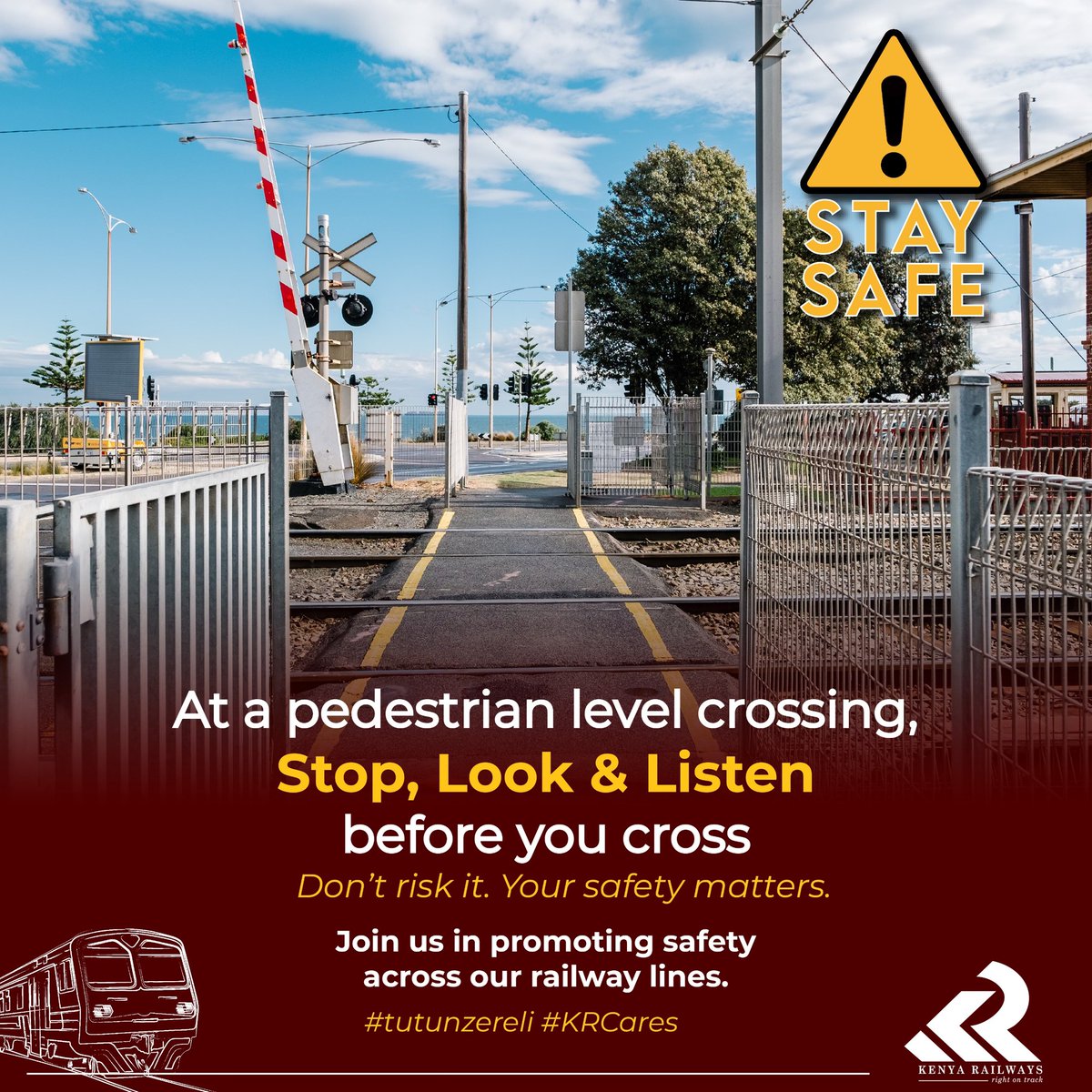 KenyaRailways_'s tweet photo. Safety starts with you.

At every railway crossing, remember to STOP, LOOK, AND LISTEN BEFORE YOU CROSS. A moment of caution can make all the difference.

Let’s work together to keep our railway lines safe for everyone.

#tutunzereIi #RailwaySafety #StaySafe #RightOnTrack https://t.co/QaoX1W4Byz