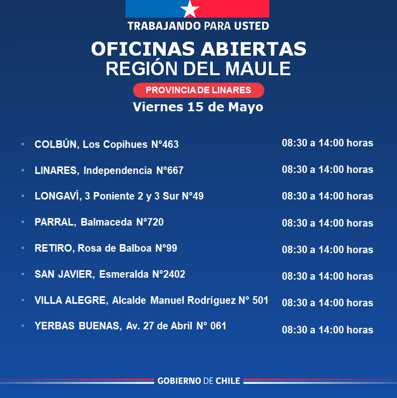 Regcivil_Maule's tweet photo. 🏢 Estas son algunas de nuestras oficinas abiertas en la Región del Maule ✅️
⏰️ Horarios de atención de 08:30 a 14:00 hrs.
Te invitamos a visitar nuestras oficinas a lo largo de la región, realiza tus trámites de manera ágil, segura y oportuna.
Desliza para más información 👉🏼 https://t.co/s24ci4p5Z0