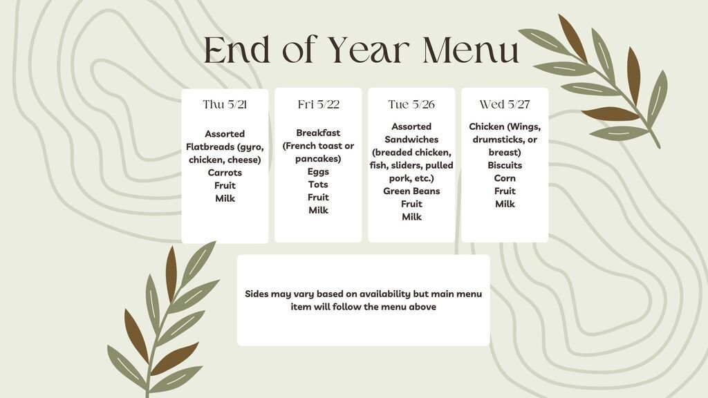 coryrawsonlocal's tweet photo. Lunch menu for the end of the school year!  Expect some flexibility as we are clearing out our inventory, but this will be the general menu plan. https://t.co/gbsblNIVuc